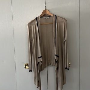 Loft stylish sweater tan with blue and mauve stripe.  Size small